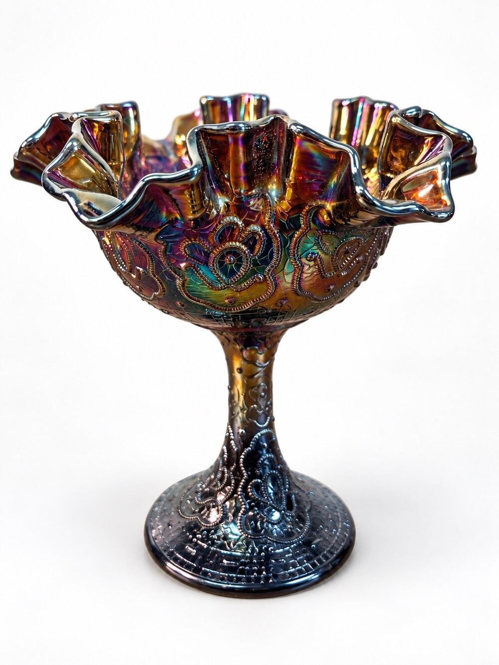 Antique Fenton Carnival Glass Compote Early 1900s Iridescent Ruffled Pedestal